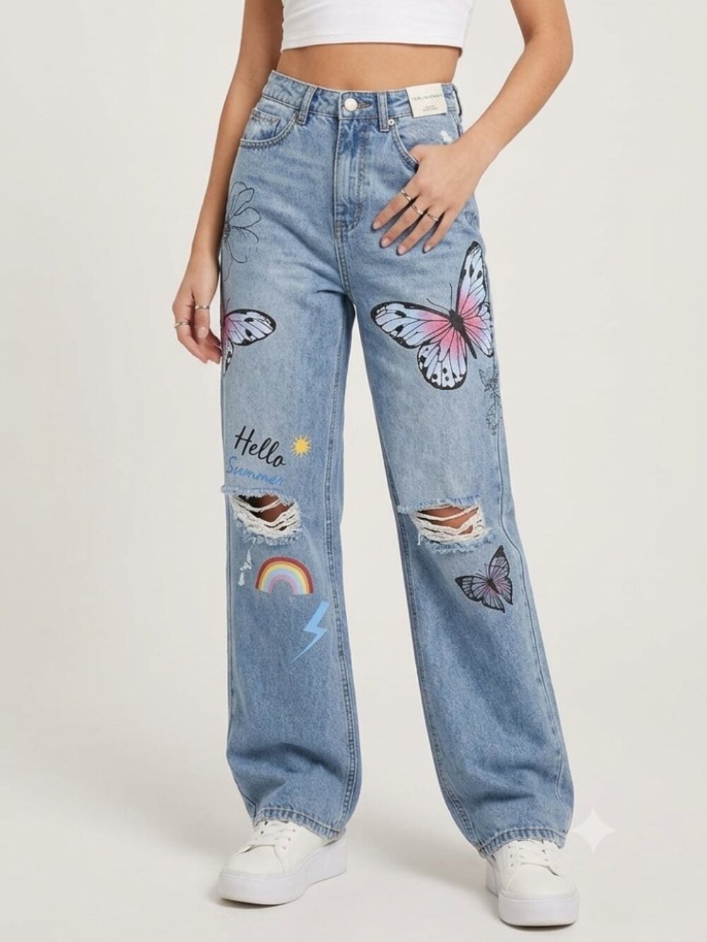 Flared Distressed Cotton Blend Blue Jeans Butterfly Rainbow Patches Size 7 S-M